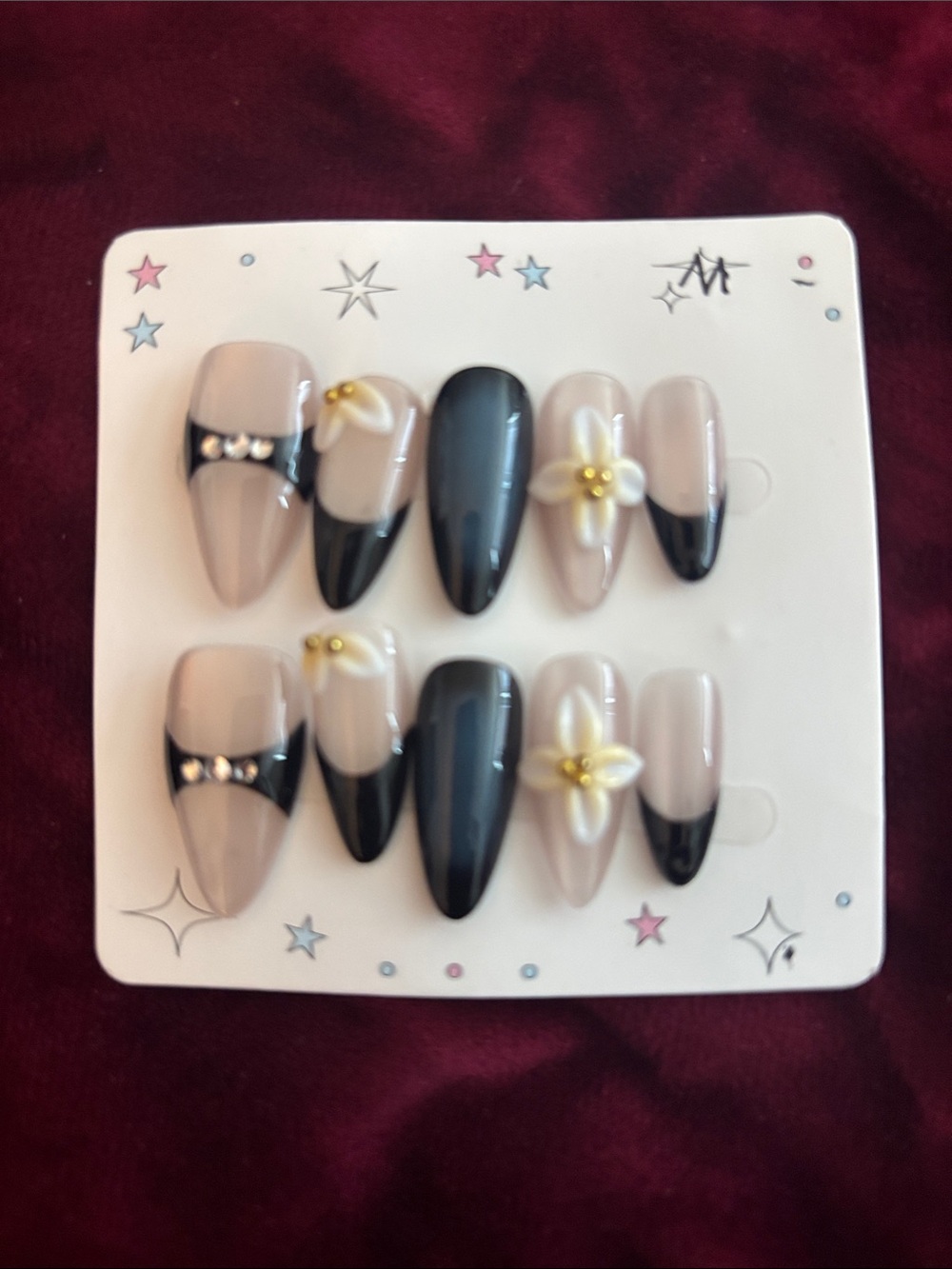 Black and Nude Floral Accent Press-On Nail Set - Women Accessories
